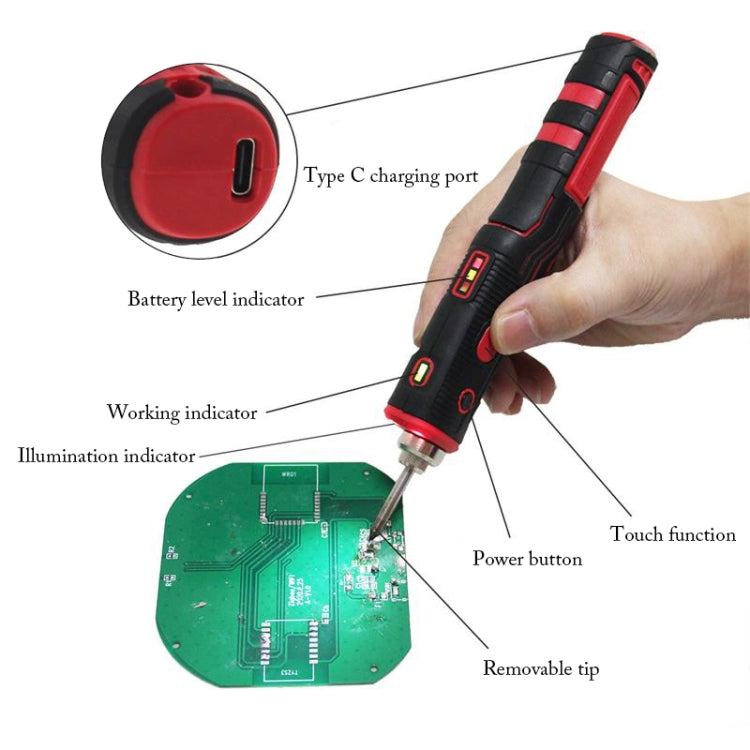 USB rechargeable soldering iron showing Type-C charging port, indicator lights, and removable tip