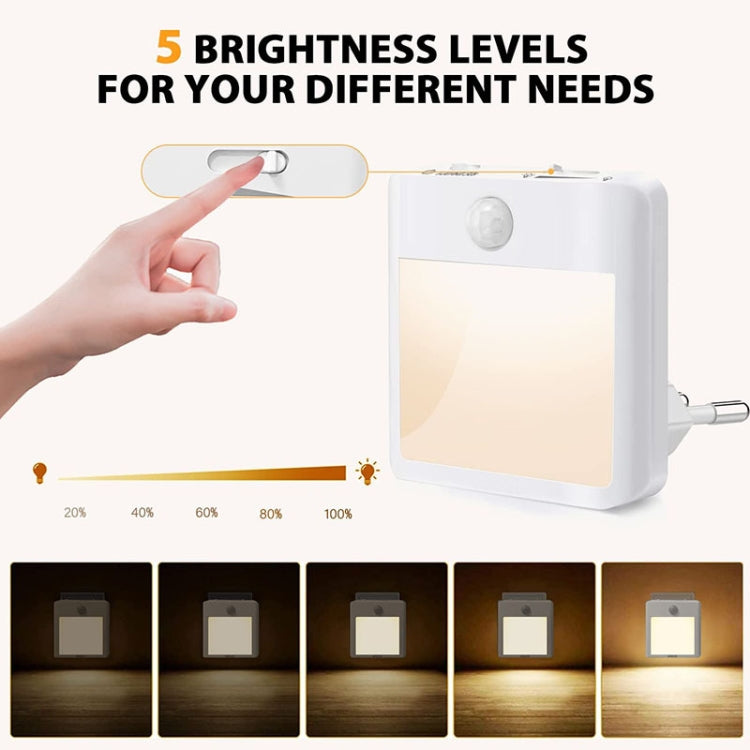Motion sensor LED night light with brightness levels and glowing front diffuser panel