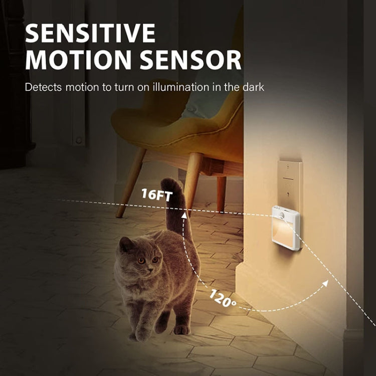 Motion-sensor LED night light wall plug, white housing, emits warm glow
