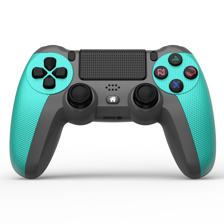 Mint green and black PS4-style wireless game controller with light bar and D-pad buttons