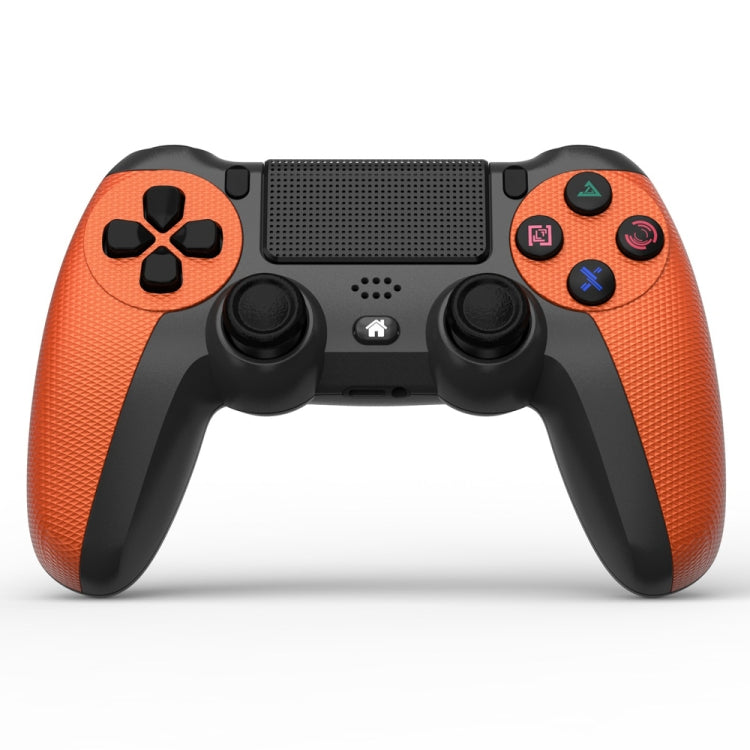 Orange and black PS4-style wireless game controller with light bar and D-pad buttons