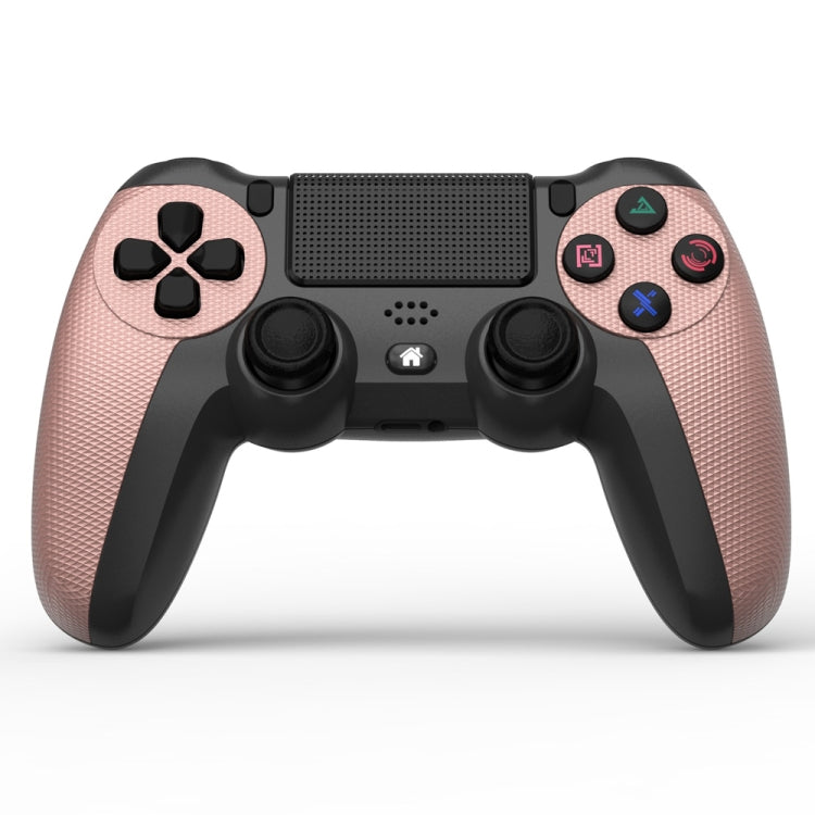 Rose pink and black PS4-style wireless game controller with light bar and D-pad buttons