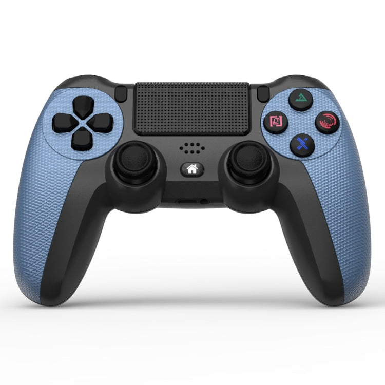 Blue and black PS4-style wireless game controller with light bar and D-pad buttons