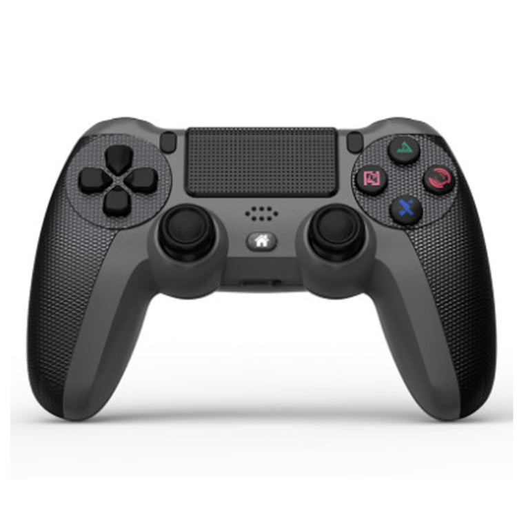 Gray and black PS4-style wireless game controller with light bar and D-pad buttons
