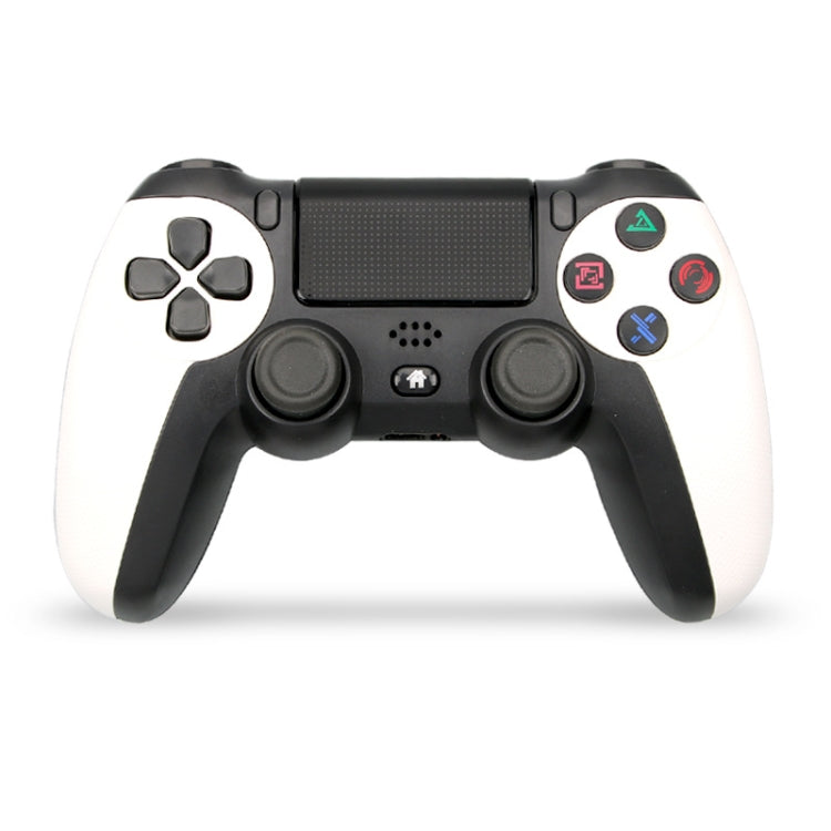 White and black PS4-style wireless game controller with light bar and D-pad buttons
