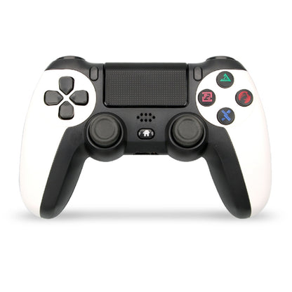 White and black PS4-style wireless game controller with light bar and D-pad buttons