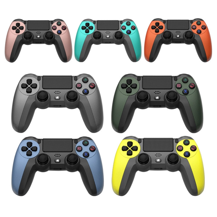 Multi-color PS4-style wireless game controllers set with light bars, shown front view