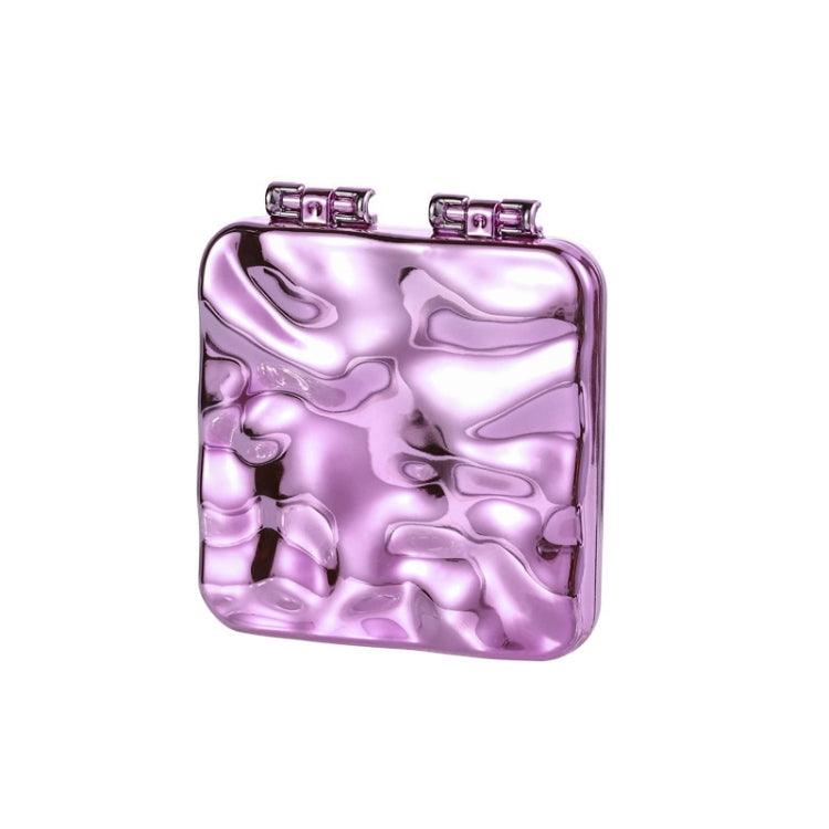 Purple folding compact double-sided makeup mirror with metal clasp and glossy electroplated finish