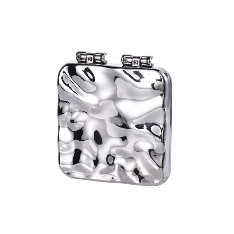 Silver folding compact double-sided makeup mirror with metal clasp and glossy electroplated finish