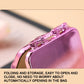 Purple folding compact mirror close-up with metal clasp and hinge, glossy electroplated finish