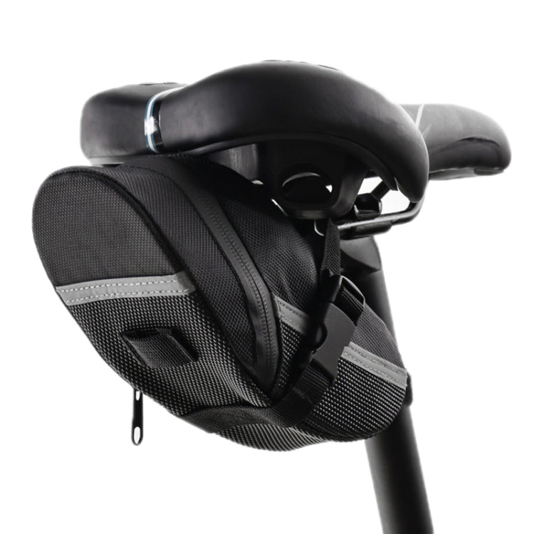 Black saddle-mounted tool bag with quick-release straps under bike seat