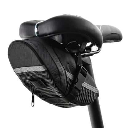 Black saddle-mounted tool bag with quick-release straps under bike seat
