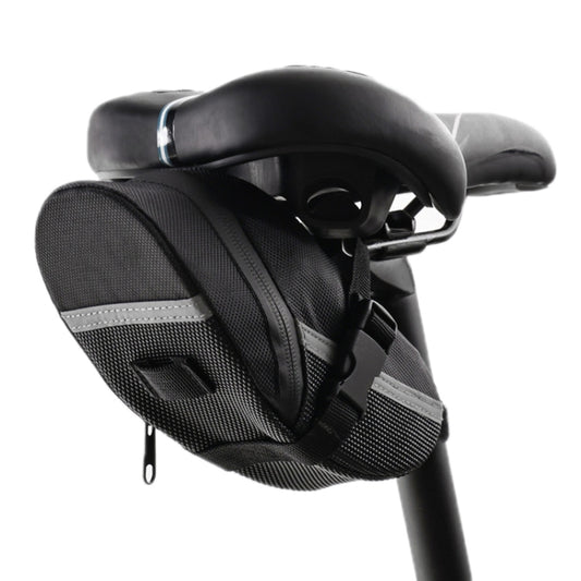 Black saddle-mounted tool bag with quick-release straps under bike seat