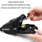 Black saddle tool bag with internal compartment and key hook, open view