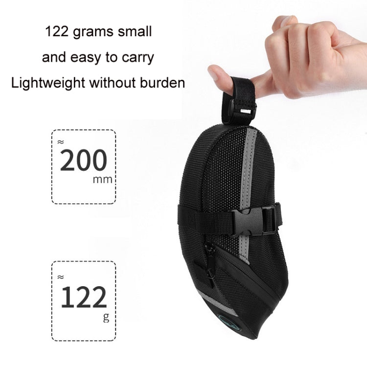Lightweight black saddle tool bag with mounting strap and compact rounded pouch
