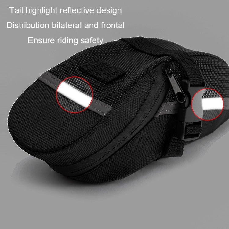 Black saddle tool bag with reflective tail highlight and secure front strap