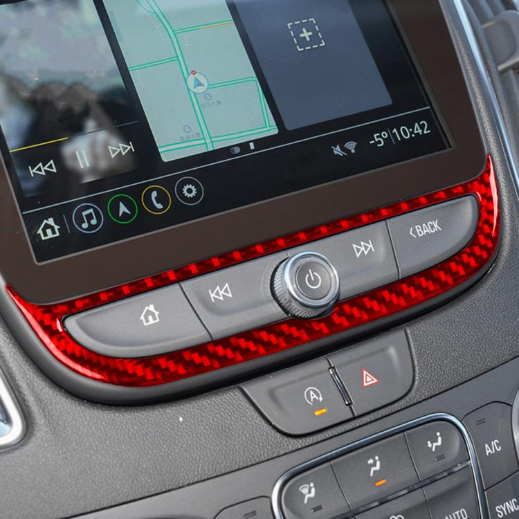Red carbon-fiber navigation button frame sticker installed on car dash