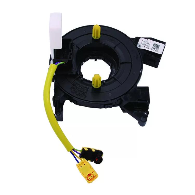 Automotive clock spring coil with yellow wiring and black spiral cable connector