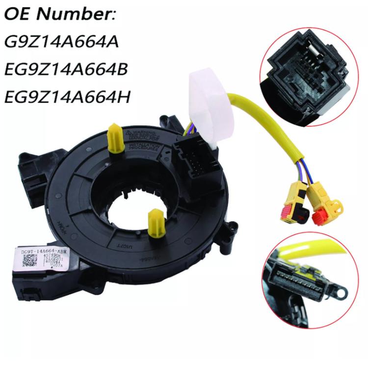 Clock spring coil with yellow leads and white connector plug in black housing