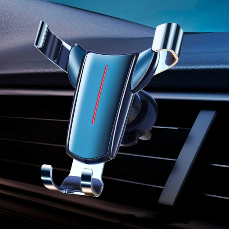 Triangular gravity sensor phone holder for car air vents with blue cradle and chrome clips