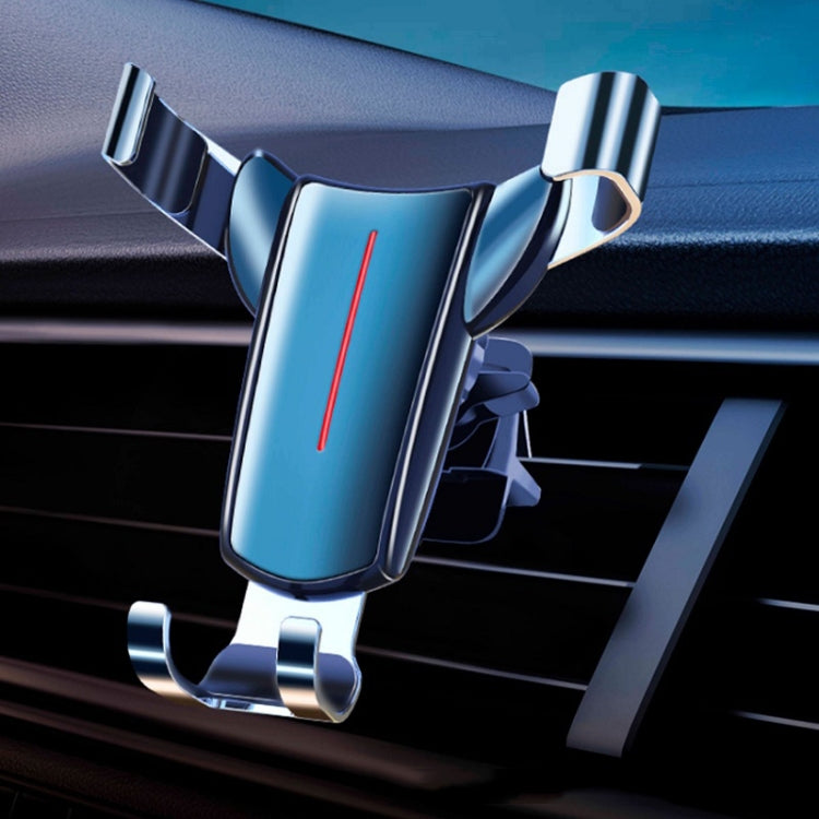 Blue triangular gravity phone holder clipped to car air vent, chrome arms and base supports