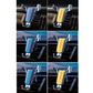 Set of views of a triangular gravity car phone holder, blue and yellow cradles with clips