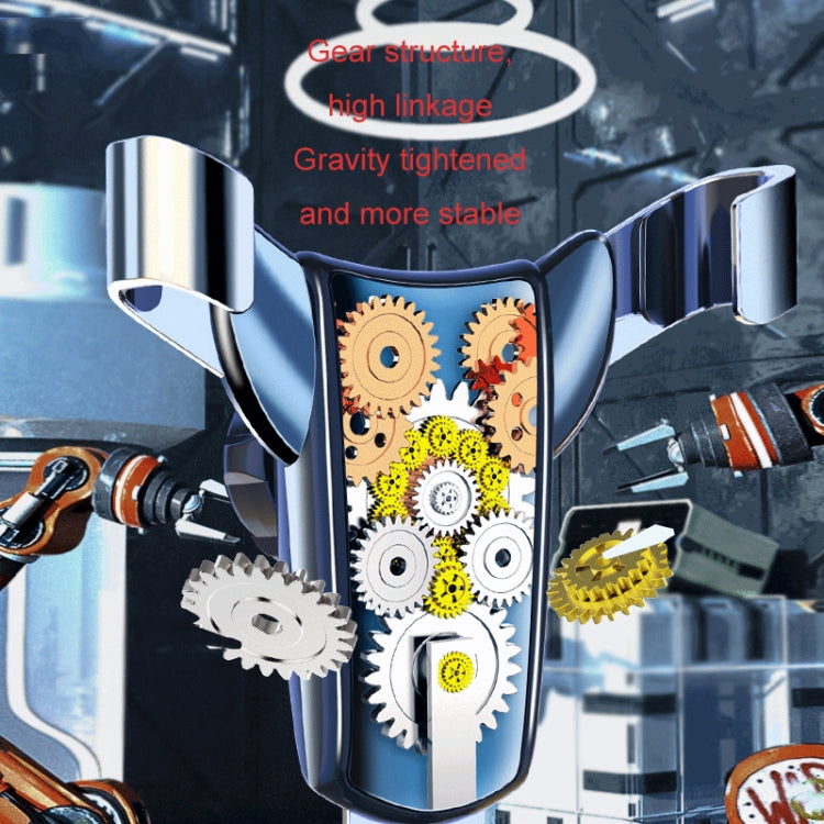 Triangular gravity phone holder with visible internal gear mechanism and blue cradle