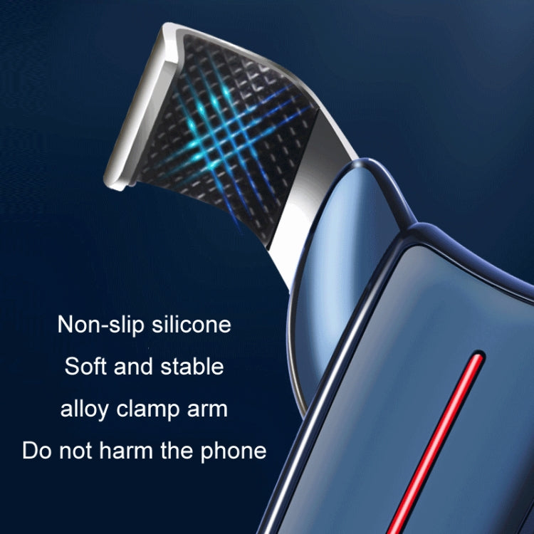 Vent-mounted car phone holder clamp with blue cradle and non-slip silicone surface detail