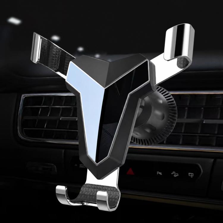 Triangular car air vent phone holder, black with silver-gray arms and vent clips