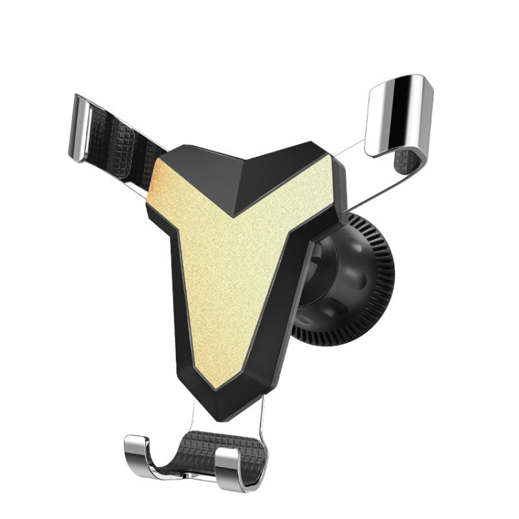 Triangular car air vent phone holder, black with gold accent plate and vent clips