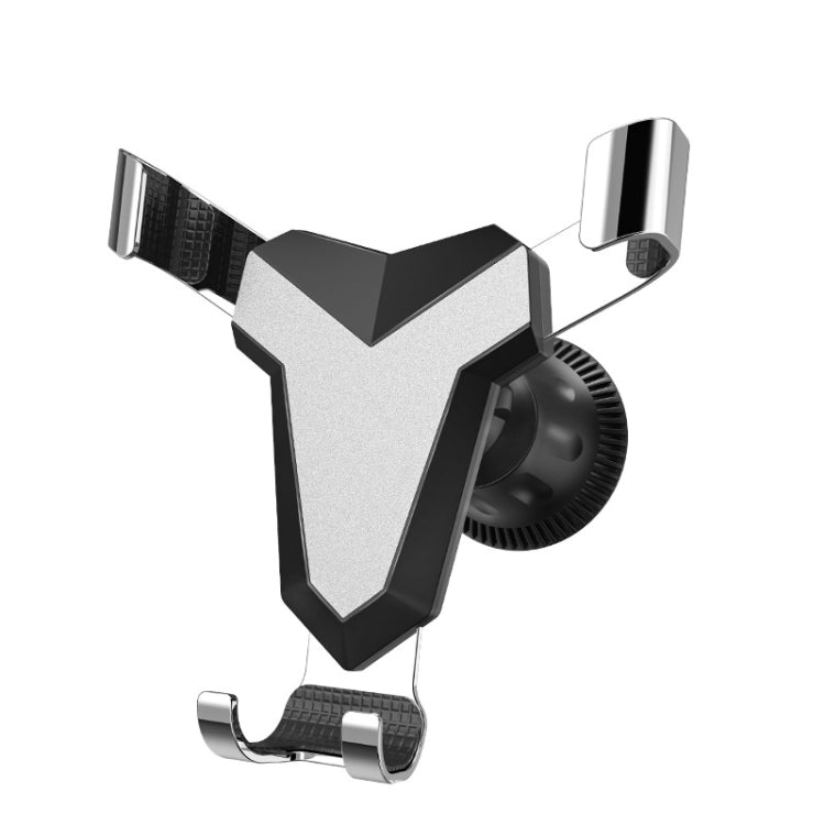 Triangular car air vent phone holder, black with silver accent plate and vent clips