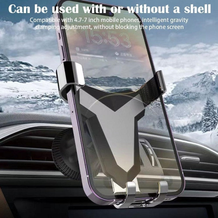 Triangular gravity car vent phone holder with adjustable clamps, silver-gray