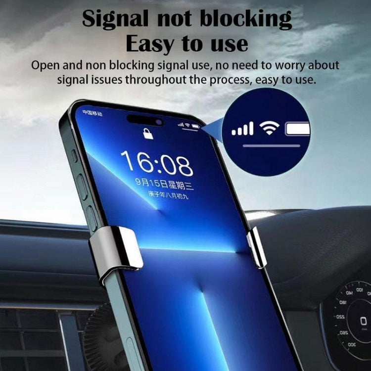 Triangular car vent phone holder with gray clips securing a phone