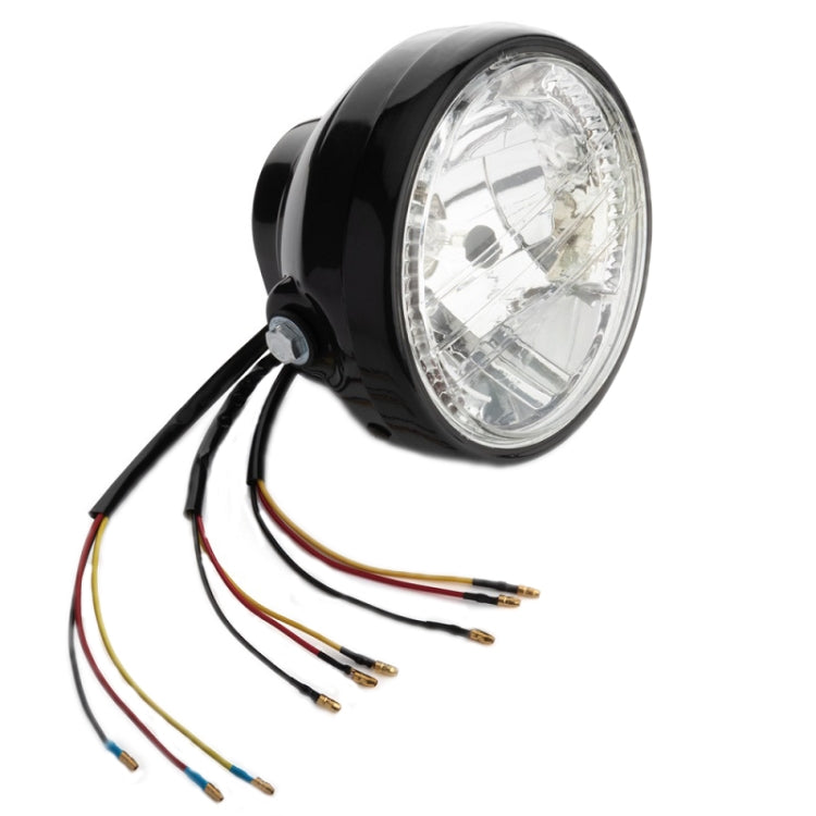 7-inch motorcycle LED headlight with clear lens and black housing, with attached wire leads