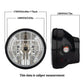 7-inch motorcycle LED headlight with clear lens, chrome reflector, black ring, front view
