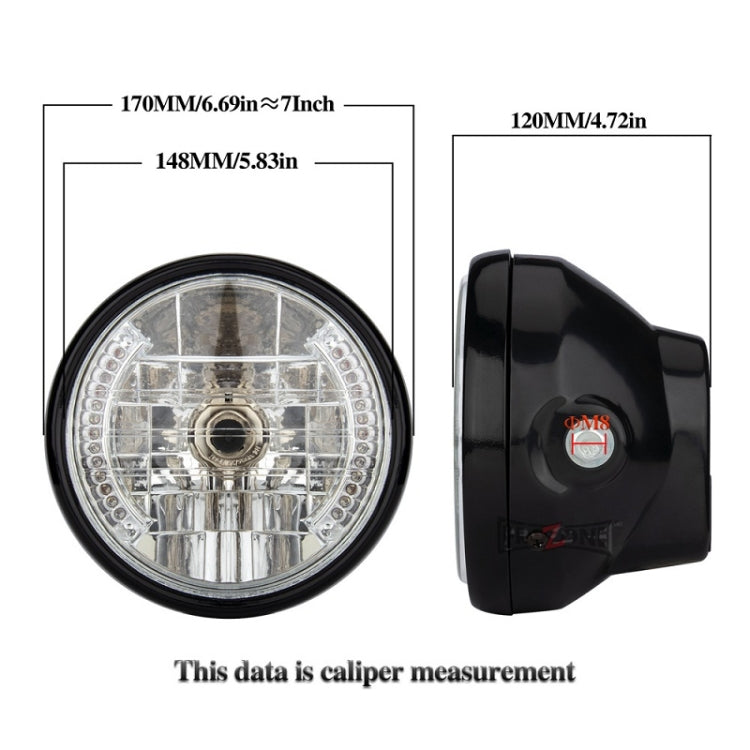 7-inch motorcycle LED headlight with clear lens, chrome reflector, black ring, front view