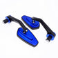 Blue motorcycle rearview mirror pair close-up with black frames and mounting hardware