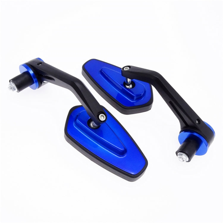 Blue motorcycle rearview mirror pair close-up with black frames and mounting hardware