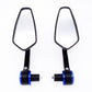 Black motorcycle rearview mirror pair with blue mount rings and teardrop mirror heads