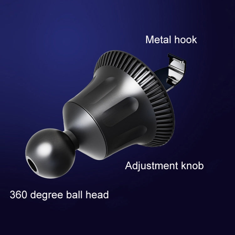 Black 360-degree ball head phone holder with metal hook and adjustment knob