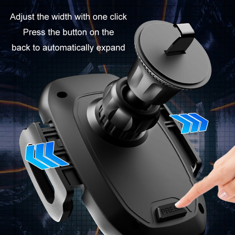 Black car phone holder with one-click width adjustment and expanded clamp