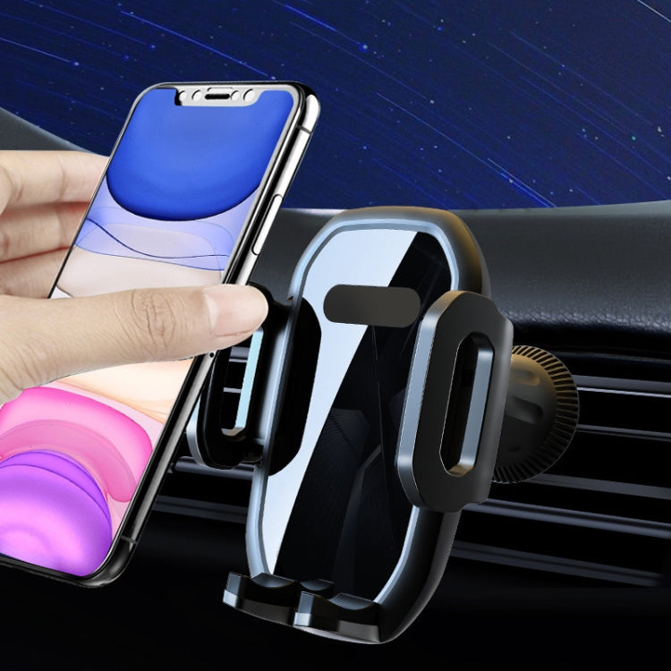 Black car phone holder holding a phone on the air vent clamp