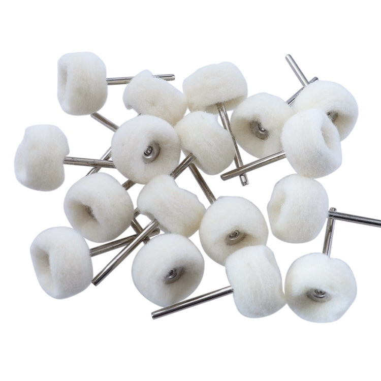 Set of cashmere polishing wheels with white wool balls on metal stems