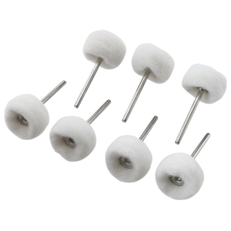 Assorted cashmere polishing wheels, white wool discs on metal shanks