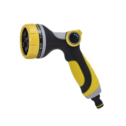 Yellow and black garden watering sprinkler with round spray head and control dial