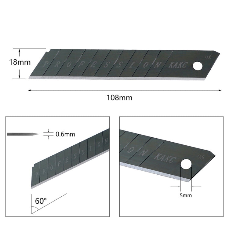 18mm x 108mm cutter blade diagram with 0.6mm thickness and 60° angle
