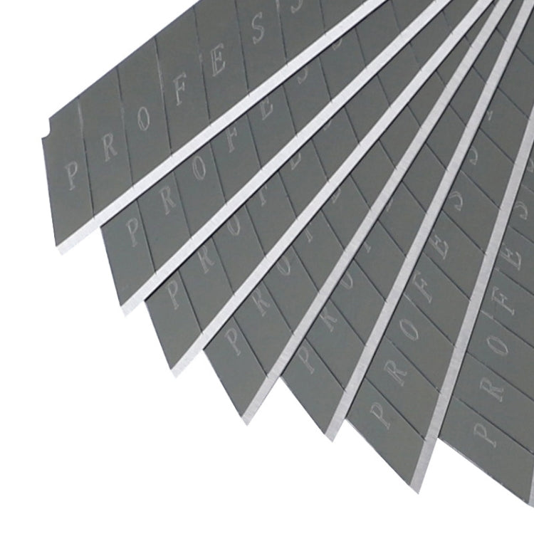 Pack of black 18mm cutter blades with printed lettering, angled stack
