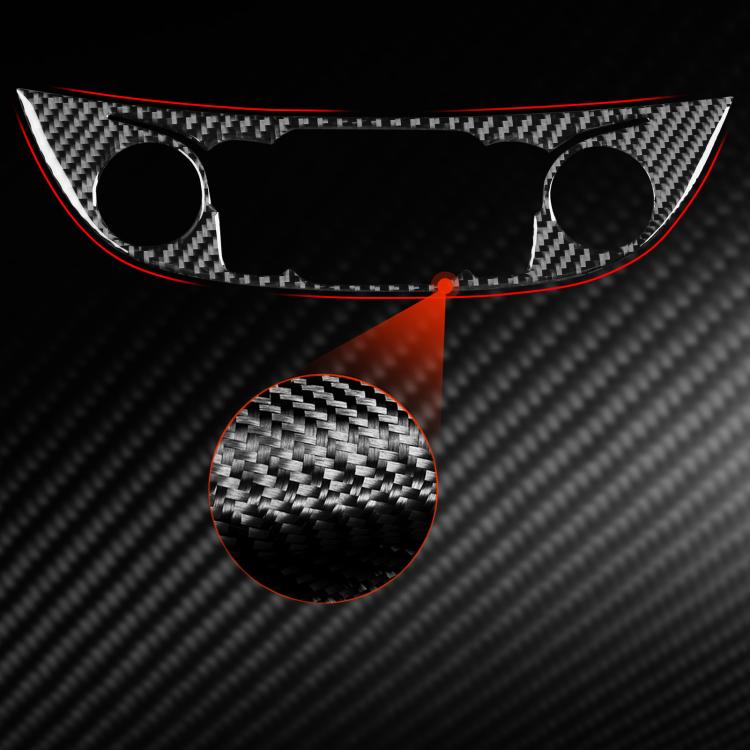 Carbon-fiber style center console sticker with 2 round cutouts, black with red outline