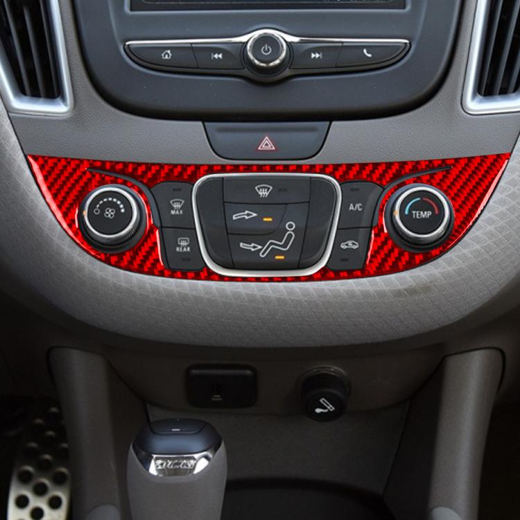 Installed carbon-fiber style center console sticker panel, red with round cutouts