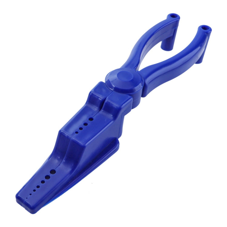 Blue plastic nail fixing tool with tong-style handle and nail guide holes